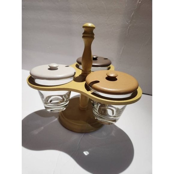 MCM Wood and Glass Retro 60S Lazy Susan Condiment Server Lids - Picture 1 of 10